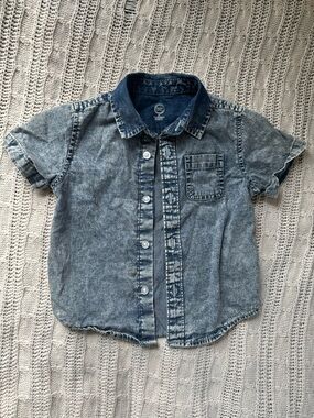 wonder nation Acid Wash Short-Sleeve Denim Button-Up Shirt - Blue